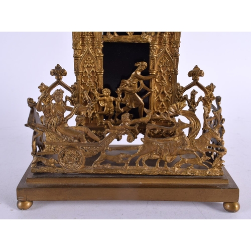 446 - AN ANTIQUE GOTHIC REVIVAL GILT METAL LETTER RACK decorated with classical figures. 30 cm x 14 cm.