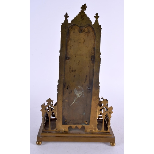 446 - AN ANTIQUE GOTHIC REVIVAL GILT METAL LETTER RACK decorated with classical figures. 30 cm x 14 cm.