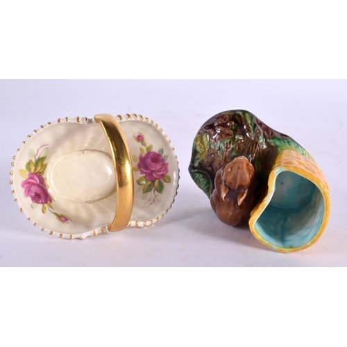 45 - A MINIATURE ROYAL WORCESTER PORCELAIN BASKET together with an unusual majolica mouse table salt. Lar... 