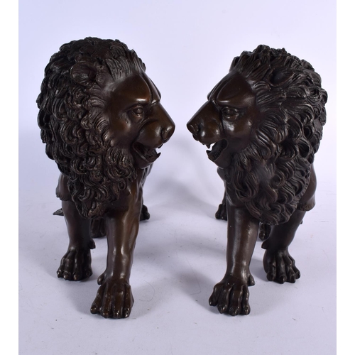 455 - A LARGE PAIR OF CONTEMPORARY BRONZE LIONS. 24 cm x 30 cm.