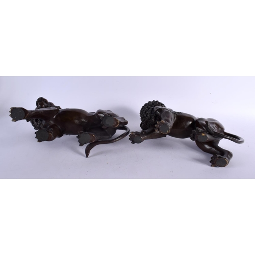 455 - A LARGE PAIR OF CONTEMPORARY BRONZE LIONS. 24 cm x 30 cm.