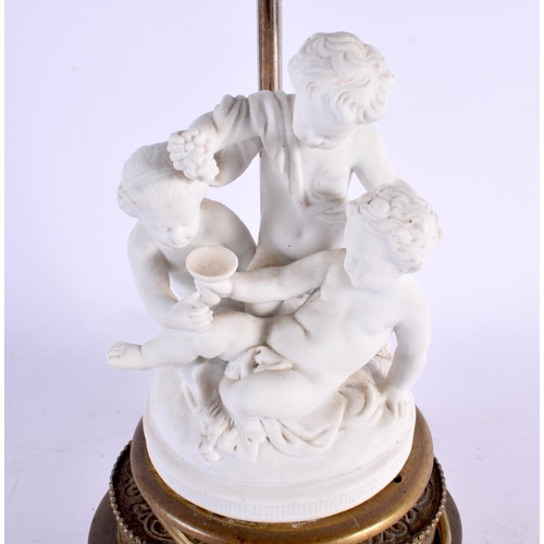 494 - AN ANTIQUE PARIAN WARE BISQUE PORCELAIN FIGURAL LAMP. 38 cm high.