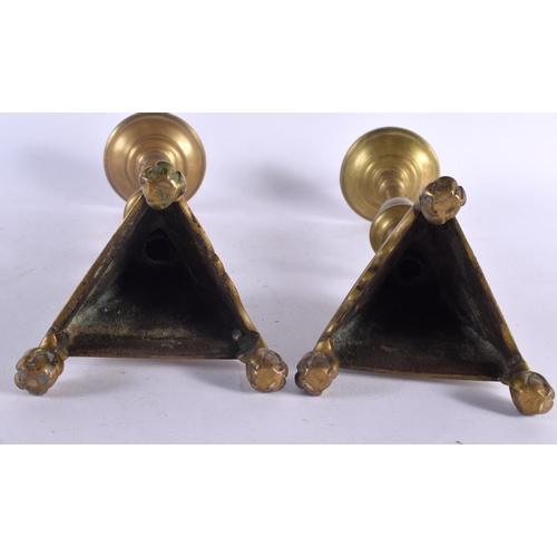 496 - A PAIR OF 18TH CENTURY EUROPEAN BRONZE PRICKET CANDLESTICKS. 38 cm high.