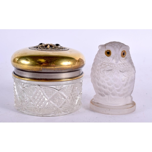 5 - A NOVELTY EDWARDIAN CUT GLASS AND BRASS OWL BOX AND COVER together with an art deco glass figure of ... 