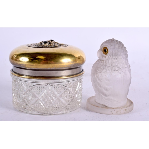 5 - A NOVELTY EDWARDIAN CUT GLASS AND BRASS OWL BOX AND COVER together with an art deco glass figure of ... 