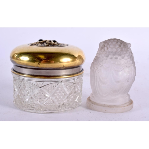 5 - A NOVELTY EDWARDIAN CUT GLASS AND BRASS OWL BOX AND COVER together with an art deco glass figure of ... 