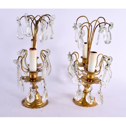 500 - A PAIR OF VINTAGE BRASS AND CRYSTAL GLASS GIRONDOLE CANDLEABRA. 33 cm x 17 cm.