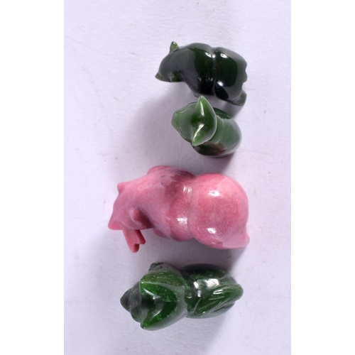 514 - FOUR CONTINENTAL CARVED RHODONITE AND JADE FIGURES possiibly Russian. Largest 3.5 cm x 2.5 cm. (4)