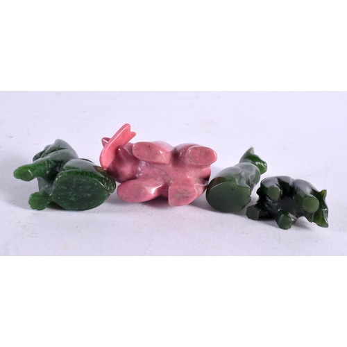 514 - FOUR CONTINENTAL CARVED RHODONITE AND JADE FIGURES possiibly Russian. Largest 3.5 cm x 2.5 cm. (4)