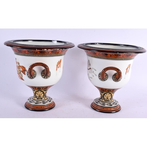 516 - A RARE PAIR OF 19TH CENTURY GRECIAN REVIVAL OPALINE GLASS CAMAPGNA URNS decorated with figures on ch... 