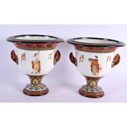 516 - A RARE PAIR OF 19TH CENTURY GRECIAN REVIVAL OPALINE GLASS CAMAPGNA URNS decorated with figures on ch... 