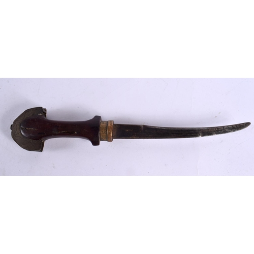 527 - AN ANTIQUE MIDDLE EASTERN KNIFE with white metal and brass scabbard. 38 cm long.