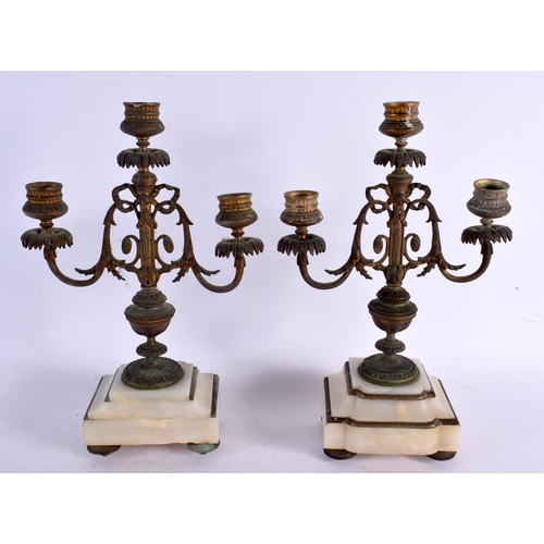 529 - A PAIR OF 19TH CENTURY FRENCH BRONZE AND ONYX CANDLEABRA. 32 cm x 18 cm.