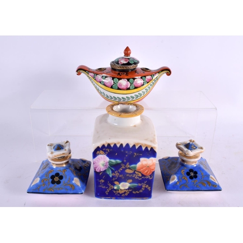 53 - A PAIR OF 19TH CENTURY FRENCH PORCELAIN SCENT BOTTLES together with an inkwell and another. Largest ... 