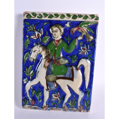 538 - A PAIR OF 19TH CENTURY PERSIAN MIDDLE EASTERN QAJAR POTTERY TILES depicting figures. 22 cm x 18 cm.