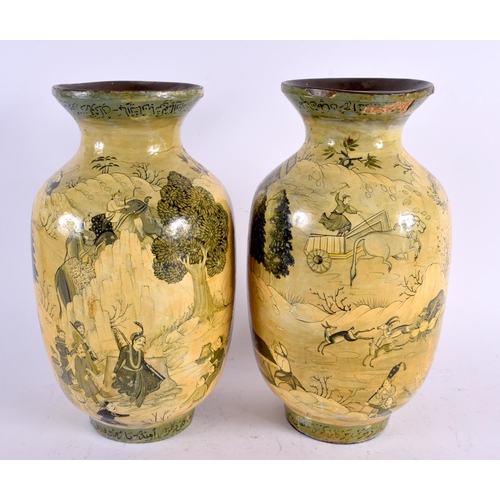 546 - A PAIR OF 19TH CENTURY PERSIAN MIDDLE EASTERN LACQUERED VASES painted with deer and figures. 28 cm x... 