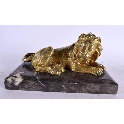 565 - French School (18th/19th Century) Pair, Gilt bronze, Lions upon marble bases. 22 cm x 12 cm.