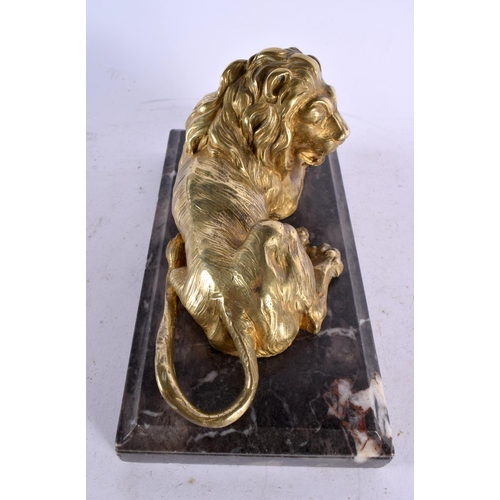 565 - French School (18th/19th Century) Pair, Gilt bronze, Lions upon marble bases. 22 cm x 12 cm.