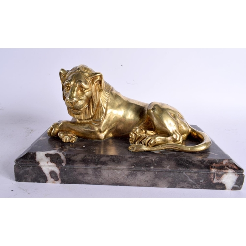 565 - French School (18th/19th Century) Pair, Gilt bronze, Lions upon marble bases. 22 cm x 12 cm.