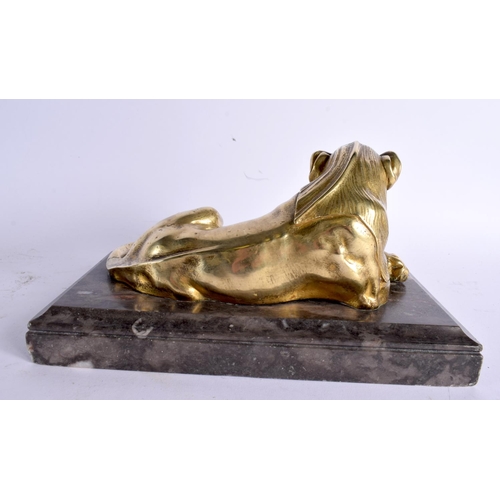 565 - French School (18th/19th Century) Pair, Gilt bronze, Lions upon marble bases. 22 cm x 12 cm.