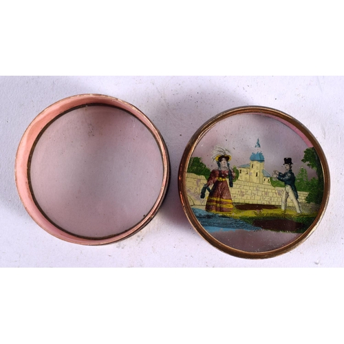 567 - A MID 19TH CENTURY FRENCH NAPOLEONIC EGLOMISE COURTING COUPLE BOX AND COVER. 6.5 cm diameter.