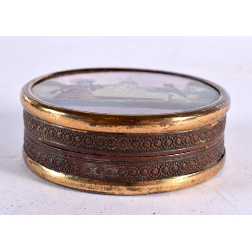 567 - A MID 19TH CENTURY FRENCH NAPOLEONIC EGLOMISE COURTING COUPLE BOX AND COVER. 6.5 cm diameter.