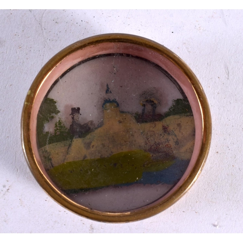 567 - A MID 19TH CENTURY FRENCH NAPOLEONIC EGLOMISE COURTING COUPLE BOX AND COVER. 6.5 cm diameter.