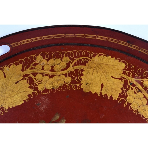 571 - A LARGE 19TH CENTURY EUROPEAN TOLEWARE PAINTED TRAY decorated with flowers. 50 cm diameter.