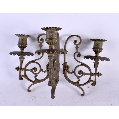 572 - A PAIR OF THREE BRANCH ANTIQUE FRENCH CANDLESTICKS. 24 cm x 18 cm.