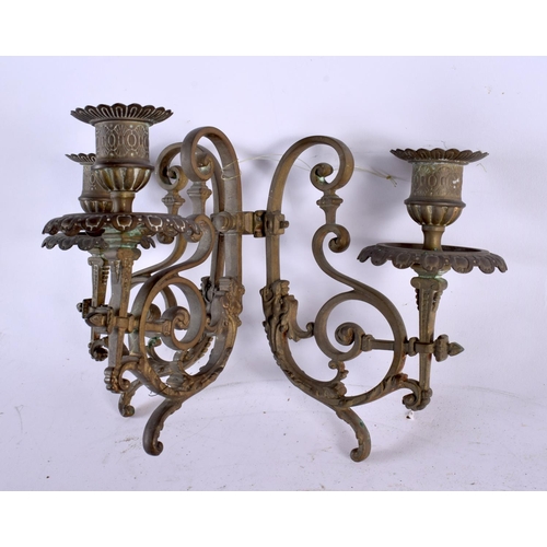 572 - A PAIR OF THREE BRANCH ANTIQUE FRENCH CANDLESTICKS. 24 cm x 18 cm.