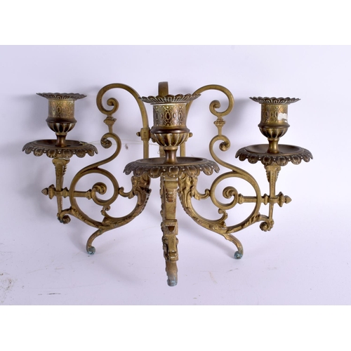 572 - A PAIR OF THREE BRANCH ANTIQUE FRENCH CANDLESTICKS. 24 cm x 18 cm.