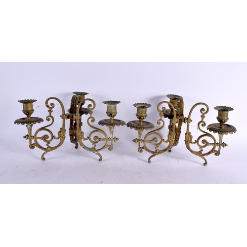 572 - A PAIR OF THREE BRANCH ANTIQUE FRENCH CANDLESTICKS. 24 cm x 18 cm.