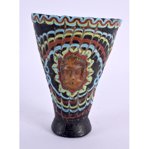 58 - A 19TH CENTURY MIDDLE EASTERN GARBI GLASS TAPERING GOBLET After the Antiquity, inset with mask heads... 