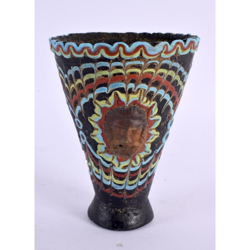 58 - A 19TH CENTURY MIDDLE EASTERN GARBI GLASS TAPERING GOBLET After the Antiquity, inset with mask heads... 