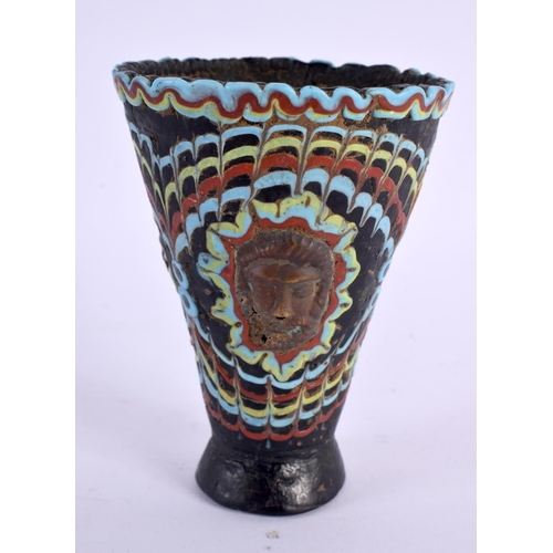 58 - A 19TH CENTURY MIDDLE EASTERN GARBI GLASS TAPERING GOBLET After the Antiquity, inset with mask heads... 