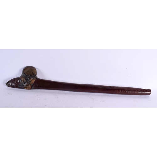 580 - AN UNUSUAL 19TH CENTURY POLYNESIAN MAORI CARVED WOOD AND STONE TRIBAL CLUB. 70 cm long.