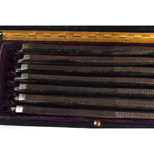 587 - A RARE ANTIQUE 7 DAY SET OF CUT THROAT RAZORS gold medal winning examples. 17 cm x 10 cm.