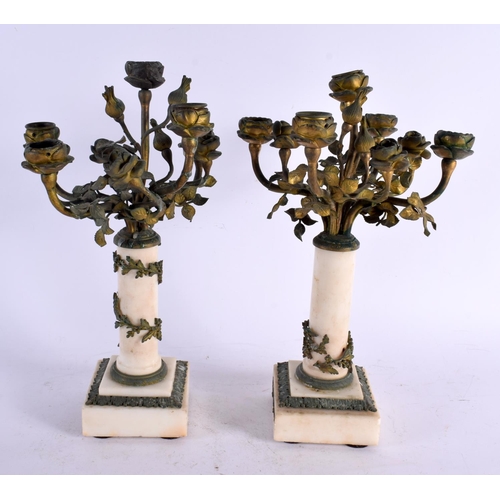 602 - A PAIR OF 19TH CENTURY BRONZE AND MARBLE CANDLEABRA. 35 cm x 12 cm.