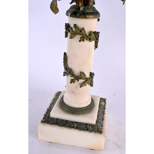 602 - A PAIR OF 19TH CENTURY BRONZE AND MARBLE CANDLEABRA. 35 cm x 12 cm.