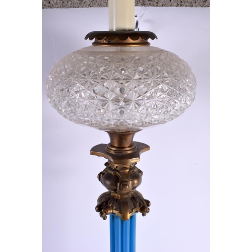 604 - A RARE LARGE 19TH CENTURY BLUE OPALINE GLASS AND BRONZE OIL LAMP. 80 cm high.