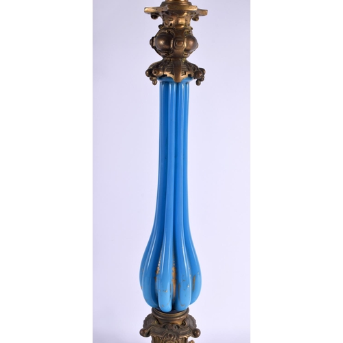 604 - A RARE LARGE 19TH CENTURY BLUE OPALINE GLASS AND BRONZE OIL LAMP. 80 cm high.