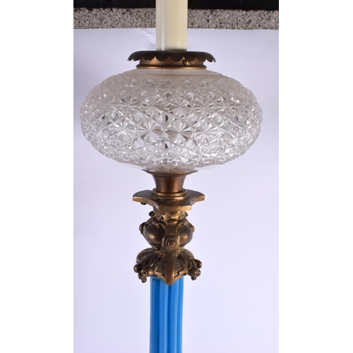 604 - A RARE LARGE 19TH CENTURY BLUE OPALINE GLASS AND BRONZE OIL LAMP. 80 cm high.