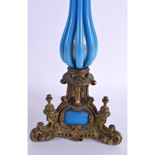 604 - A RARE LARGE 19TH CENTURY BLUE OPALINE GLASS AND BRONZE OIL LAMP. 80 cm high.