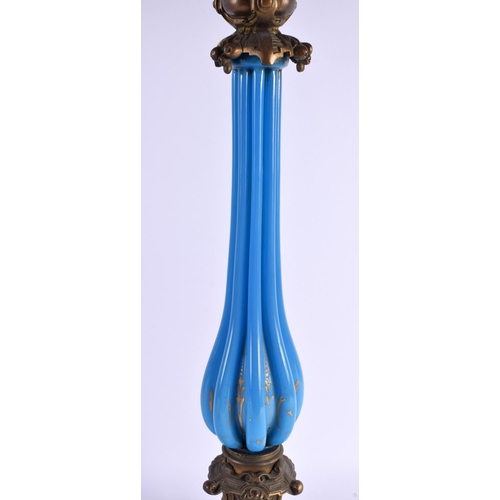 604 - A RARE LARGE 19TH CENTURY BLUE OPALINE GLASS AND BRONZE OIL LAMP. 80 cm high.