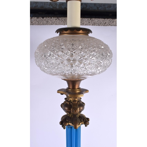 604 - A RARE LARGE 19TH CENTURY BLUE OPALINE GLASS AND BRONZE OIL LAMP. 80 cm high.