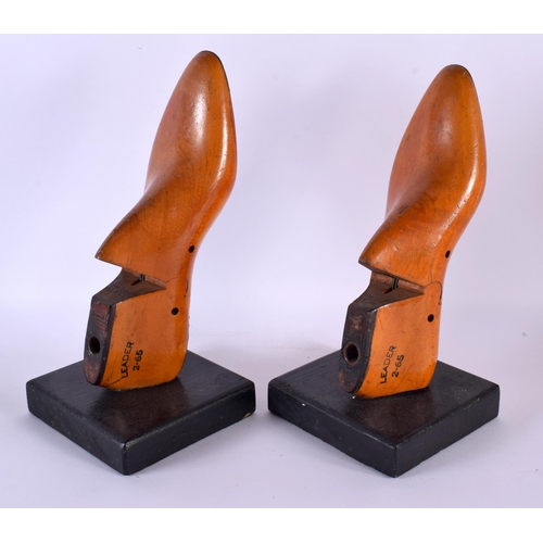 608 - A PAIR OF VINTAGE SHOE LAST BOOK ENDS. 32 cm x 10 cm.