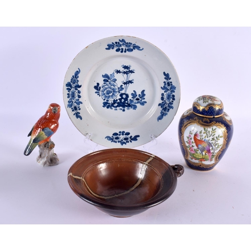 62 - AN 18TH CENTURY ENGLISH DELFT BLUE AND WHITE TIN GLAZED PLATE together with a tea caddy, dresden bir... 