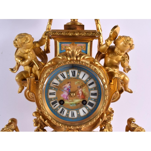 620 - A FINE LARGE 19TH CENTURY FRENCH GILT BRONZE AND SEVRES PORCELAIN MANTEL CLOCK modelled with putti. ... 