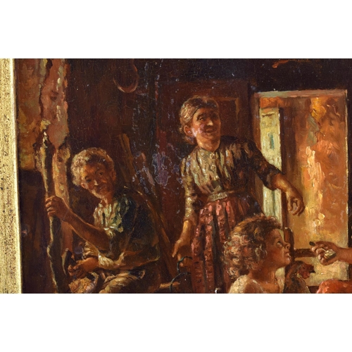 623 - European School (19th Century) Oil on tin, interior family scene. 30 cm x 24 cm.