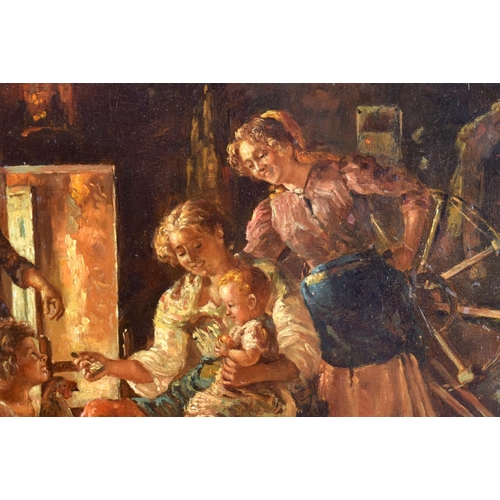 623 - European School (19th Century) Oil on tin, interior family scene. 30 cm x 24 cm.